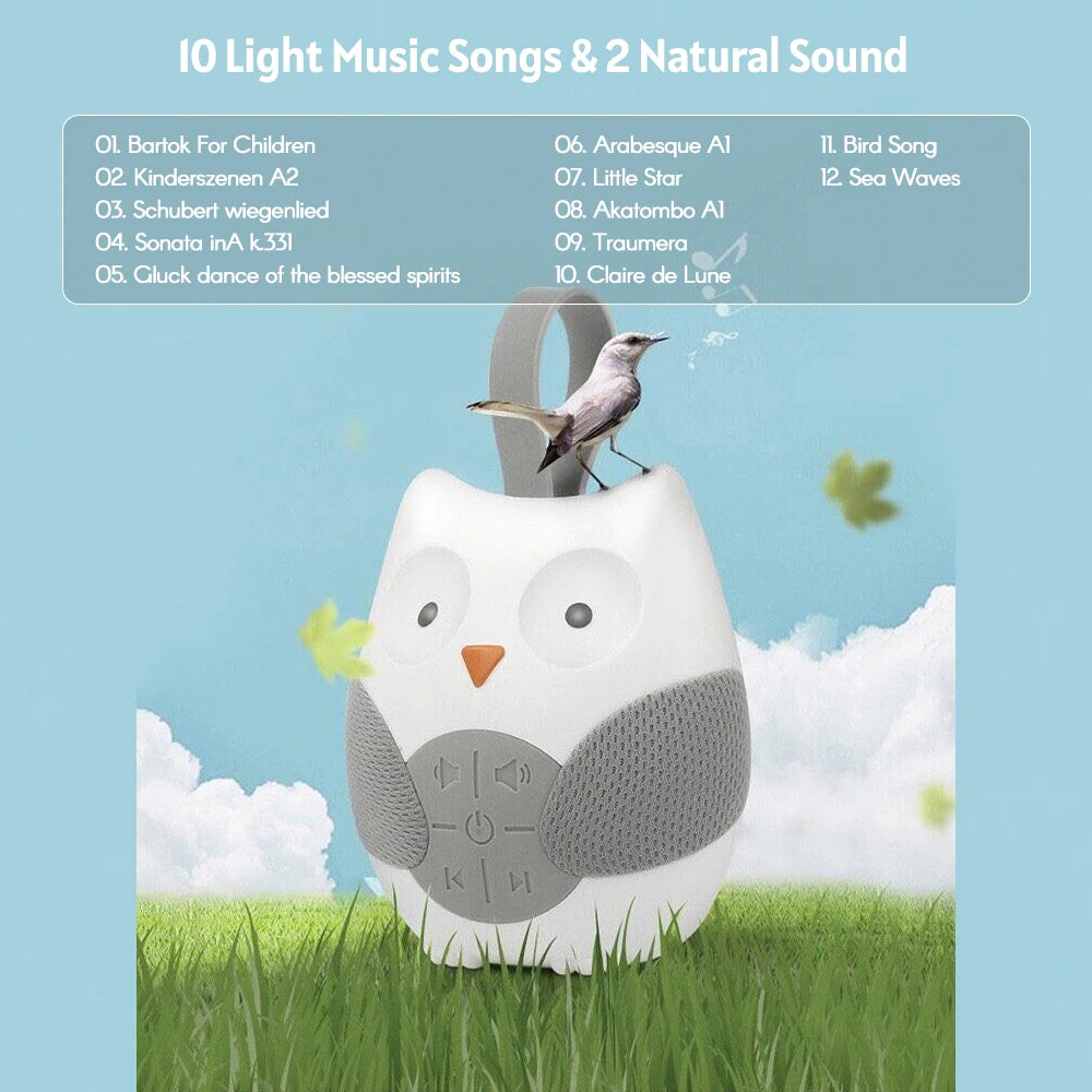 Sleep Aid Portable Owl White Noise Machine Baby Soother with 10 Light Music Songs 2 Natural Sounds Silicone Strap for Toddlers