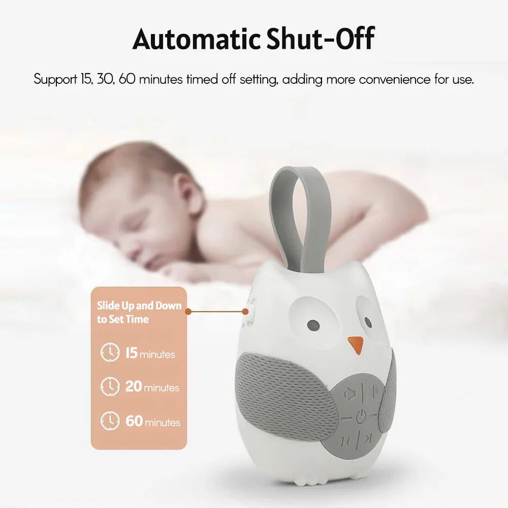 Sleep Aid Portable Owl White Noise Machine Baby Soother with 10 Light Music Songs 2 Natural Sounds Silicone Strap for Toddlers