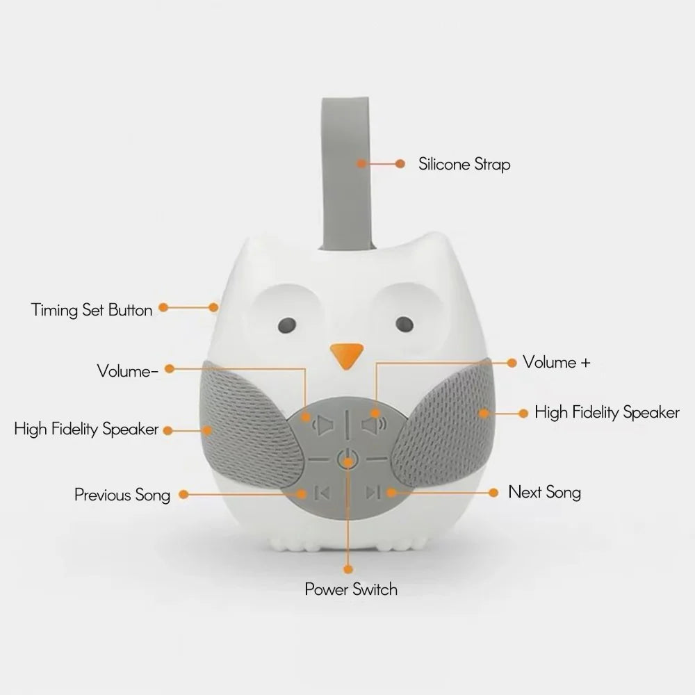 Sleep Aid Portable Owl White Noise Machine Baby Soother with 10 Light Music Songs 2 Natural Sounds Silicone Strap for Toddlers